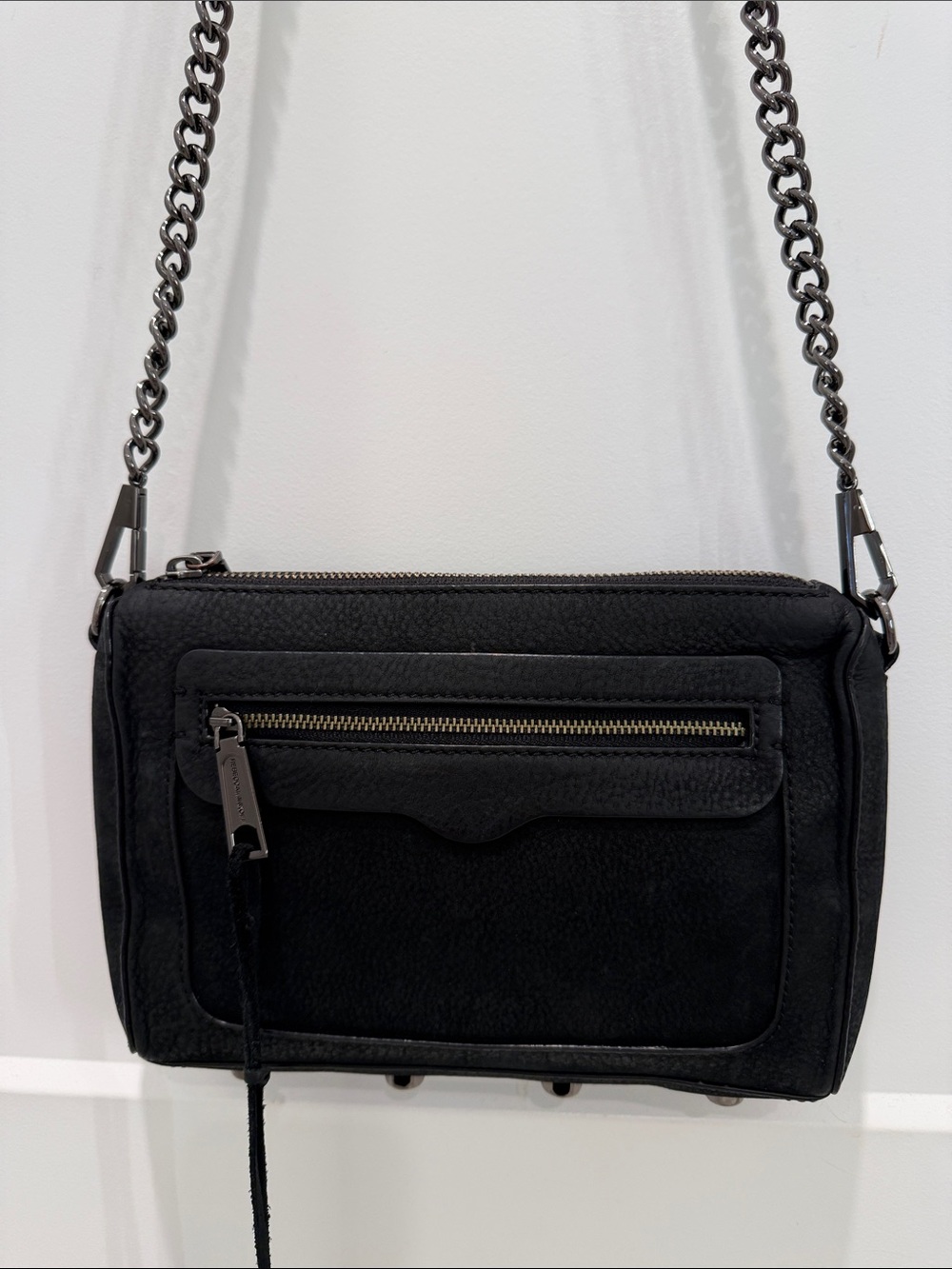 Rebecca Minkoff Avery Black Suede Crossbody with Gunmetal Chain